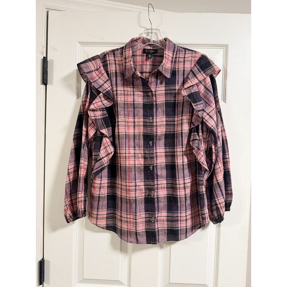 Jessica Simpson Women's Plaid Button Shirt with ruffle sleeves Pink/Purple L